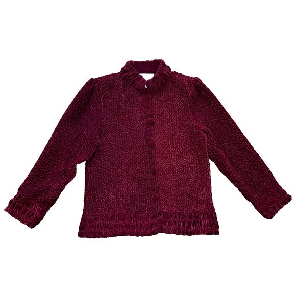 Burgundy Crushed Velvet Cardigan Jacket Ruched Texture Vintage Jeune Jeunesse - Picture 1 of 8